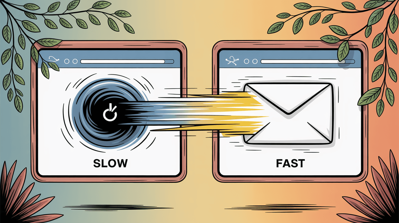 Hand-drawn illustration comparing slow Gmail performance before optimization versus fast loading after applying fixes