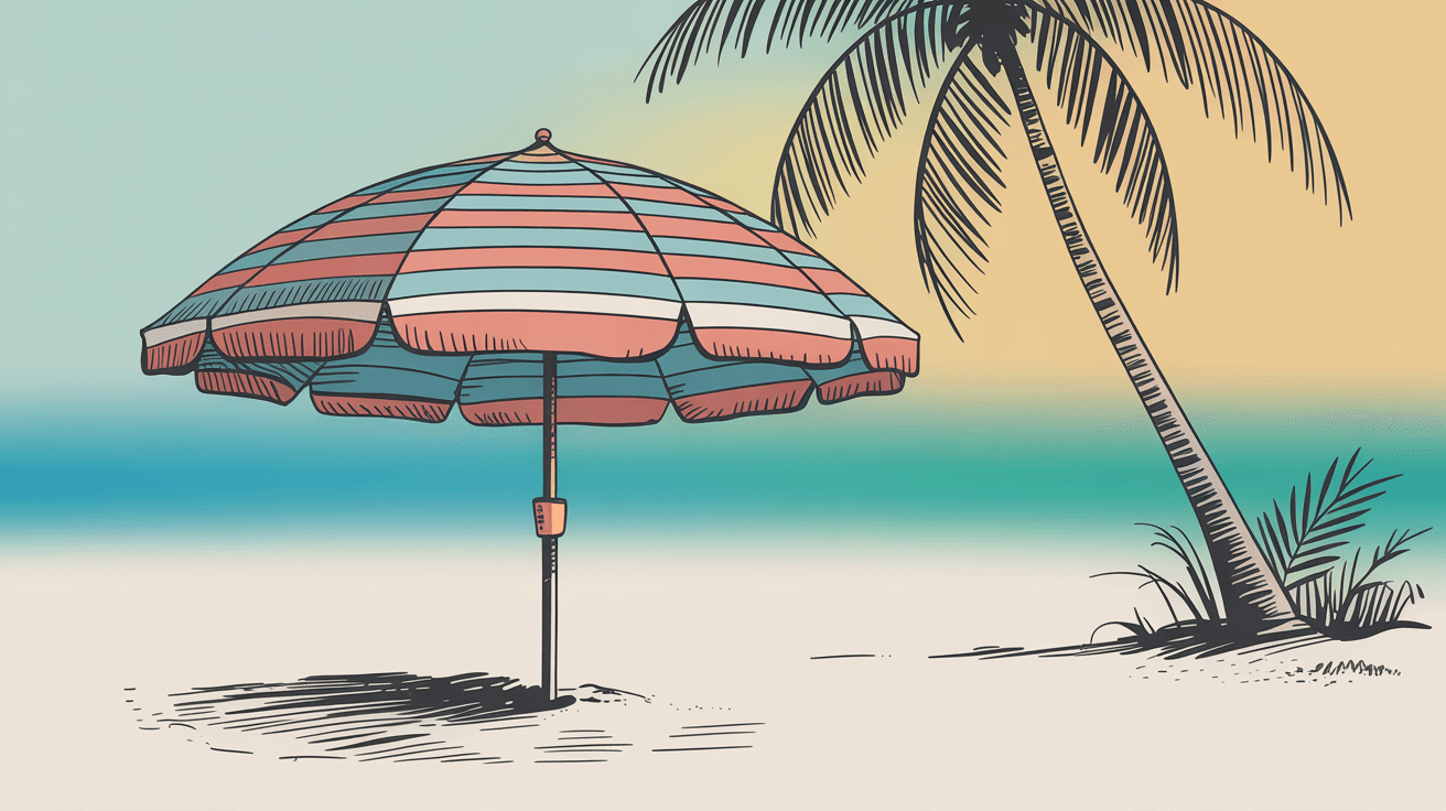 Vacation relaxation scene with beach umbrella, palm tree, and peaceful organized inbox representing worry-free time off